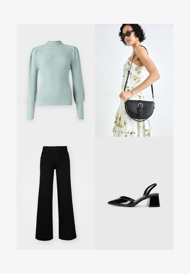 Pull en tricot bleu clair avec un col montant, des coutures d'épaule structurées et des manches longues ajustées. Texture douce avec une qualité extensible.; Pantalons large en denim noir, dotés d'une taille structurée, de passants de ceinture et de poches avant. Texture lisse avec un design classique.; Escarpins en cuir verni noir avec bout pointu et talon bloc géométrique. Présente un design élégant et minimaliste ainsi qu'une texture lisse.; Sac à main en cuir noir avec une forme courbée, bandoulière amovible et des accessoires en or. Le sac est doté d'un rabat avec un détail de boucle.