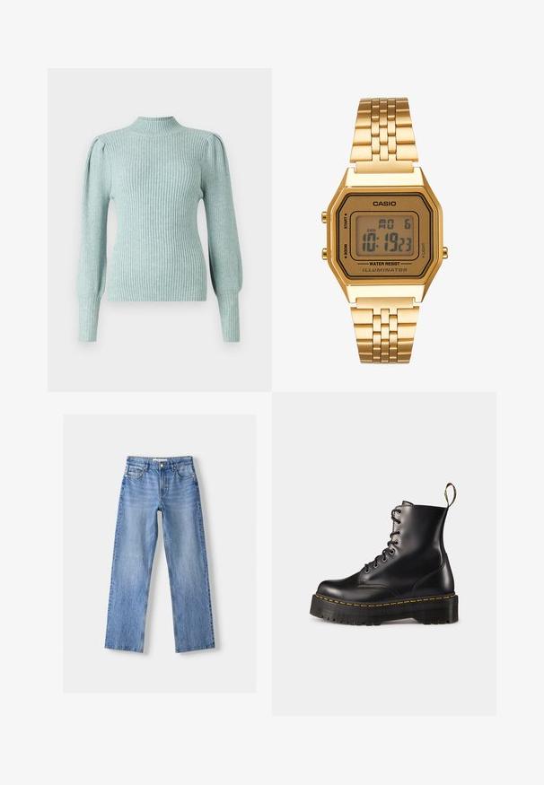 Light blue ribbed sweater with a mock neck, structured shoulder seams, and fitted long sleeves. Soft texture with a stretchable quality.; Light blue denim jeans with a straight leg design, featuring five pockets, a front button closure, and subtle fading for texture.; Black leather lace-up ankle boots with a chunky black sole and yellow stitching. Features a pull tab at the back and circular metal eyelets.; Gold digital watch with a rectangular face, LCD display, stainless steel band, and buttons on the side. Features a water-resistant label.
