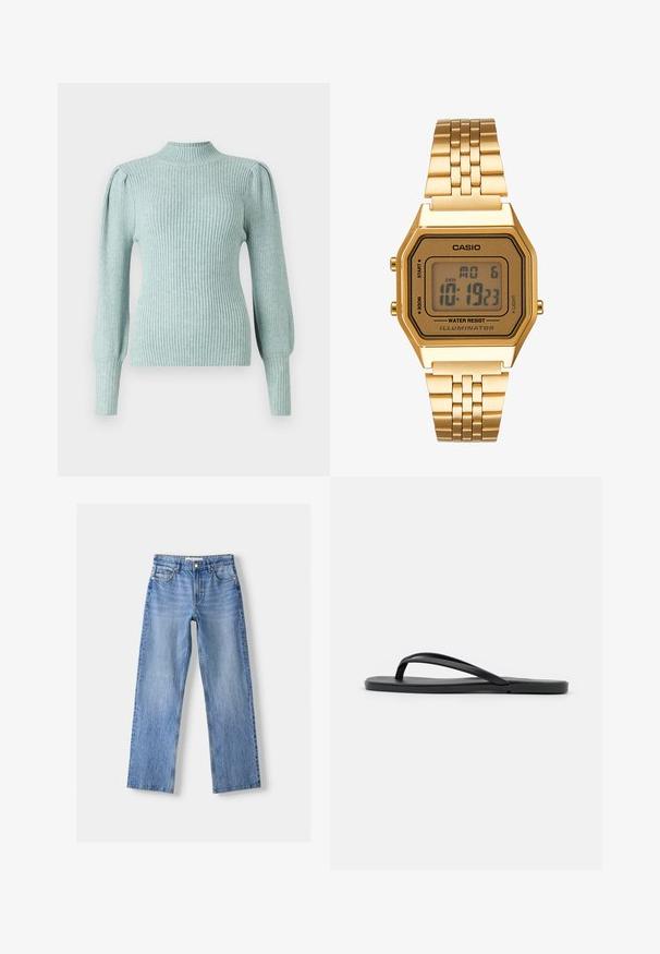 Lys blå ribbet sweater med en mock neck, strukturerede skuldersømme og tætsiddende lange ærmer. Blød tekstur med en strækbar kvalitet.; Lysblå denim jeans med lige ben design, der har fem lommer, en frontknaplukning og subtil falmning for tekstur.; Sorte flip-flop med et minimalistisk design, flad sål, smalle stropper og en glat tekstur. Ingen yderligere mønstre eller accenter.; Guld digitalt ur med rektangulært urglas, LCD-display, rustfrit stålarmbånd og knapper på siden. Har et vandtæt mærke.