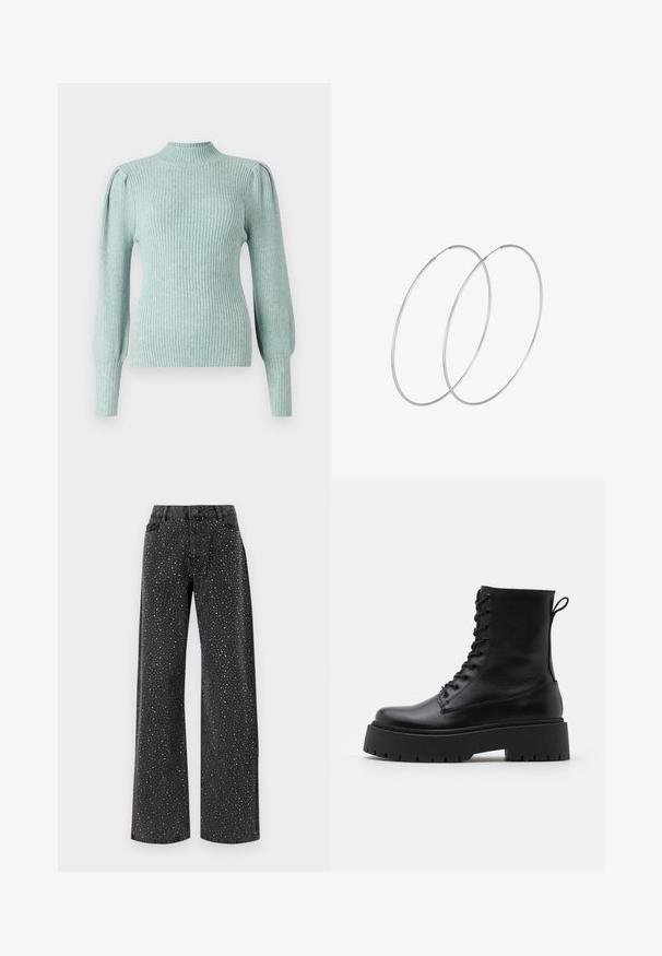 Lys blå ribbet sweater med en mock neck, strukturerede skuldersømme og tætsiddende lange ærmer. Blød tekstur med en strækbar kvalitet.; Noisy May NMJANNEL LOOSE - Jeans Relaxed Fit - black denim; Sorte læder ankelstøvler med rund tå, snørebånd foran og en tyk gummisål med struktureret slidbane. Hæfteløkke bagpå.; Sølvøreringe med et minimalistisk design. Cirkulær form, glat tekstur og tynd profil. Letvægtige med en poleret overflade.