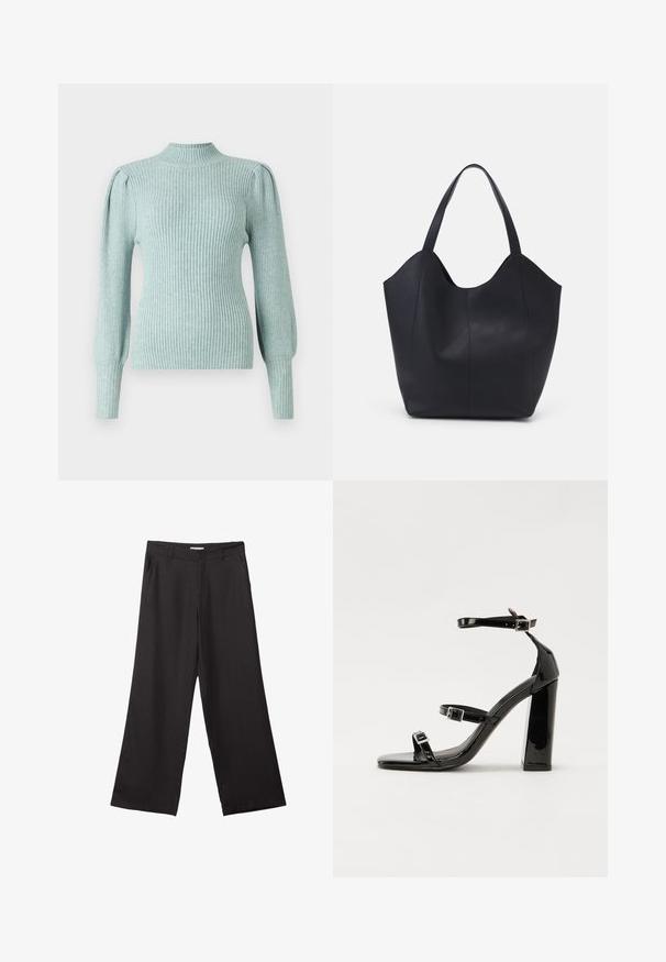 Vaaleansininen ribattu neuletakki, jossa on korkea kaulus, muotoillut olkasaumat ja istuvat pitkät hihat. Pehmeä rakenne, jossa on joustavuus.; Mustat leveälahkeiset housut, jotka on valmistettu sileästä kankaasta. Niissä on edessä vetoketju ja kaksi sivutaskua, ja niiden muotoilu on räätälöity ja minimalistinen.; Musta kiiltävä korkokenkä sandaalit neliönmuotoisella varpaalla, nilkkaremmillä ja hopeisilla soljilla. Varustettu tukevalla lohkokorkealla vakauden takaamiseksi.; Mustat kangaskassit, jotka on valmistettu sileästä nahasta, jossa on kaareva, avoin yläosa, kaksi olkahihnaa ja minimalistinen muotoilu.