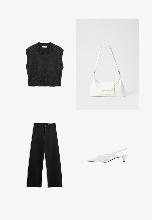 Crni pleteni prsluk s V-izrezom, kratkim rukavima i rebrastim rubom. Tekstura tkanine sadrži suptilne mrlje za dodatni vizualni interes.; Crne široke traperice s visokim strukom, s prednjim i stražnjim džepovima, šivenim šavovima i kopčanjem na gumb. Glatka tekstura.; Bijela slingback potpetica s oštrom punta, koja ima glatki gornji dio, suptilne izreze i nisku blok potpeticu. Crna potplata naglašava dizajn.; Bijela sintetička torbica s trokutastim oblikom, ravnim prednjim poklopcem i detaljem u obliku mašne, podesivom remenom, glatkom teksturom i minimalističkim dizajnom.