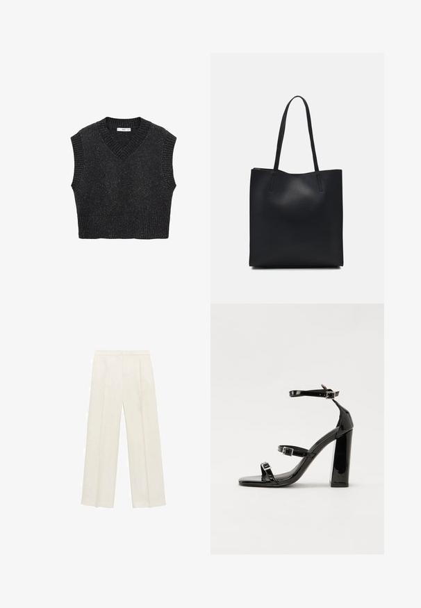 Črn pleteni džemper z V-izrezom, kratkimi rokavi in rebrastim robom. Tekstura blaga vsebuje subtilne pike za dodaten vizualni interes.; Hlače širokih nogavic v svetli kremni barvi. Narejene iz gladkega materiala s plitkimi naborki spredaj in stranskimi žepi.; Črne lakirane sandale s peto, kvadratnim prstom, trakovi okrog gležnja in srebrnimi zaponkami. Opremljene so s stabilno Debelo peto.; Črna usnjena torba s svilnato teksturo, pravokotne oblike in dvema dolgima ročajema. Brez vidnih metalnih delov ali okrasnih elementov.