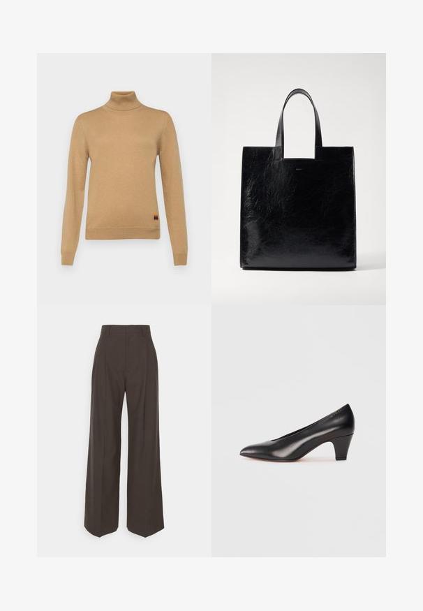 Paul Smith Pullover - beige; Pantalons larges marron foncé à taille haute, avec des plis soigneusement marqués, une texture lisse et une coupe ajustée.; Chaussure à talon haut en cuir noir avec un bout pointu, un talon modéré et une surface lisse. Design simple sans embellissements visibles.; Bally EASY TOTE - Cabas - black