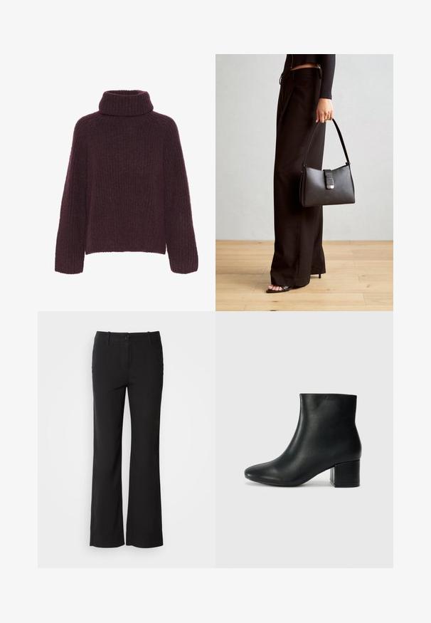 Burgunderfarbener Strickpullover mit hohem, umgeschlagenem Kragen. Verfügt über ein strukturiertes Rippmuster und weite Ärmel; aus weichem, warmem Material gefertigt.; Schwarze Baumwollmischungshose mit geradem Bein, vorderem Knopfverschluss und zwei Seitentaschen. Glatte Textur, keine sichtbaren Muster.; Schwarze Leder-Ankle-Boots mit spitzem Zehenbereich und klobigem Absatz. Glatte Textur mit minimalen Akzenten und einem eleganten, taillierten Design.; Schwarze Handtasche mit strukturierter Form, glatter Textur und einem metallischen Verschluss. Kombiniert mit weiten schwarzen Hosen und offenen Sandalen auf einem Holzboden.