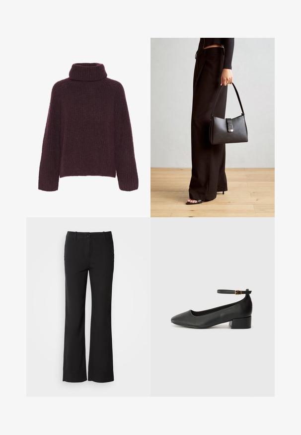 Burgundi punane kootud sviiter kõrge ja volditud kraega. Omab tekstuurset ribitud mustrit ja laiu varrukasid; valmistatud pehmest ja soojast materjalist.; Mustad puuvillasegu püksid sirge lõikega, ees nupuga kinnitamine ja kaks külge taskut. Sile tekstuur, nähtavaid mustreid ei ole.; Must mustaapp, millel on terav nina ja madal blokk-kand. Omab pahkluu rihma koos kuldse tooni pandlaga. Sile tekstuur.; Must musta kott, millel on struktureeritud kuju, sile tekstuur ja metallist klamber. Kombineeritud laiate mustade pükstega ja avatud varvaste sandaalidega puidust põrandal.