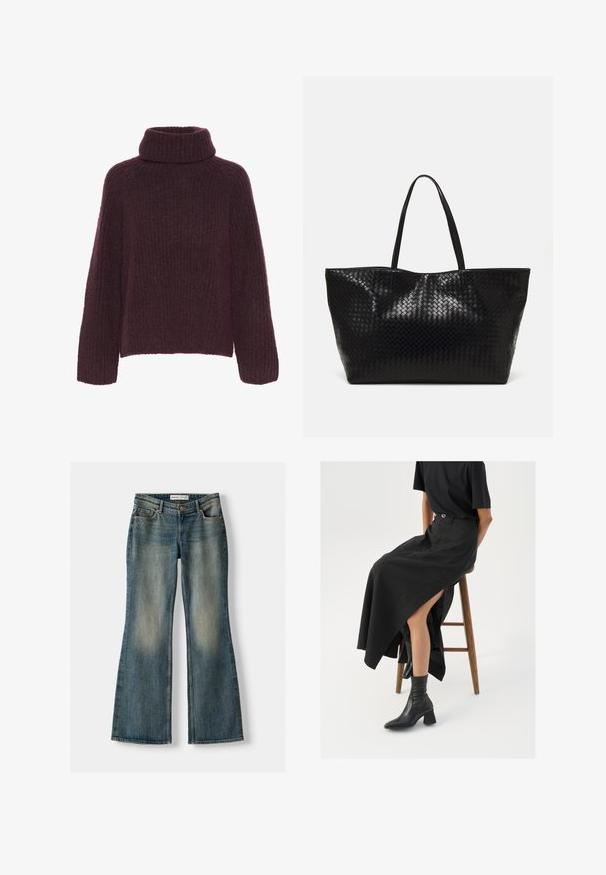 Maglione a maglia bordeaux con colletto alto e ripiegato. Presenta un motivo a coste testurizzato e maniche ampie; realizzato in materiale morbido e caldo.; Jeans flare blu con lavaggio sbiadito, cinque tasche e chiusura con bottone. Il materiale presenta una trama in denim con dettagli di cucitura sottili.; Gonna maxi in lino nera con uno spacco alto, indossata con una t-shirt nera e stivaletti neri. Design minimalista con una vestibilità rilassata.; Borsa tote nera intrecciata con due manici robusti, caratterizzata da una texture lucida e un ampio design a apertura aperta.