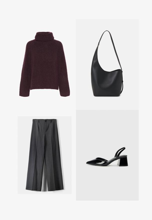 Pulover tricotat burgund cu guler înalt, pliabil. Prezintă un model texturat cu dungi și mâneci lărgi; fabricat dintr-un material moale și cald.; Pantaloni evazați din țesătură gri închis, cu închidere cu buton, pliseuri frontale și curea. Textură netedă cu un design ajustat.; Pantofi cu toc slingback din piele lacuită neagră, cu vârf ascuțit și toc geometric. Prezintă un design elegant, minimalist și o textură netedă.; Geantă hobo din piele neagră, cu o textură netedă, formă curbată și un singur bretele ajustabil; are o deschidere largă în partea de sus.
