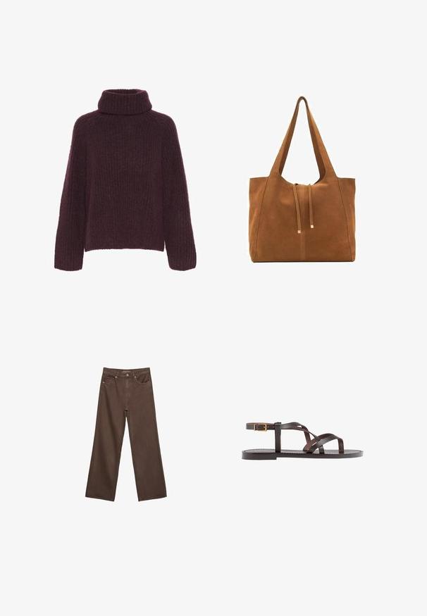 Burgundska pletena džemperica s visokim, preklopnim ovratnikom. Ima teksturirani rebrasti uzorak i široke rukave; izrađena je od mekog, toplog materijala.; Proširene smeđe traperice od denima, s visokim strukom, prednjim džepovima i klasičnom kopčom na dugme. Glatka tekstura s suptilnim šavovima.; Smeđe kožne sandale s iskrižanim trakama, umetkom za zapešće s kopčanjem i ravnim potplatom s minimalnim detaljima šivanja.; Smeđa antilop torba za ruke s dva duga remena, zatvaranje na vezicu i minimalistički dizajn. Glatka tekstura i bez vidljivih metalnih elemenata.