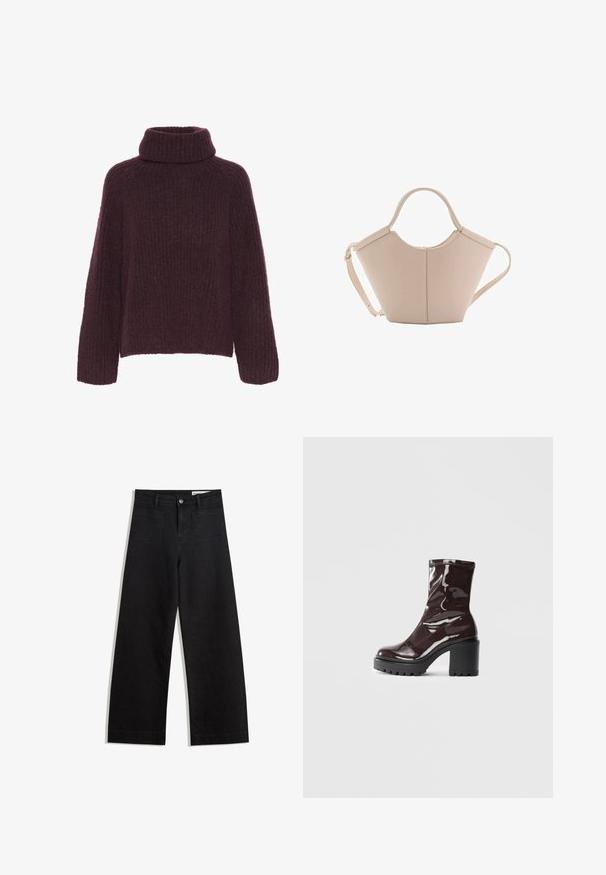 Burgundska pletena džemperica s visokim, preklopnim ovratnikom. Ima teksturirani rebrasti uzorak i široke rukave; izrađena je od mekog, toplog materijala.; Crne široke traperice s visokim strukom, s prednjim i stražnjim džepovima, šivenim šavovima i kopčanjem na gumb. Glatka tekstura.; Sjajna burgundska čizma do gležnja s debelim crnim potplatom, koja se odlikuje glatkom teksturom i jednostavnim dizajnom. Nema vidljivih kopčanja ili uzoraka.; Bež kožna torba jedinstvenog oblika, s dva kratka ručka i dugom podesivom trakom. Glatka tekstura s minimalnim metalnim dodacima.