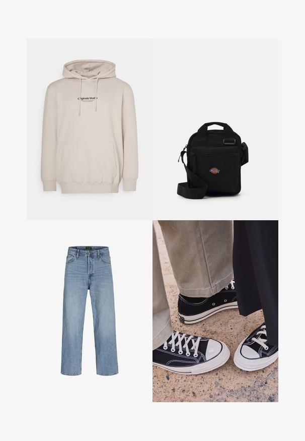 Jack & Jones JORVESTERBRO HOOD - Felpa con cappuccio - moonbeam; Jeans in denim azzurro chiaro con vita alta, design a gamba dritta, cinque tasche e chiusura con bottone. Lavaggio classico con un minimo di usura.; Sneakers neri in tela con punte e lacci bianchi in gomma. Le cuciture a contrasto e i fori in metallo aggiungono dettagli. Indossati con pantaloni beige e un tessuto nero.; Borsa a tracolla nera con tasca con zip, forma rettangolare, realizzata in tessuto, con una patch del logo sul davanti e spallaccio regolabile.