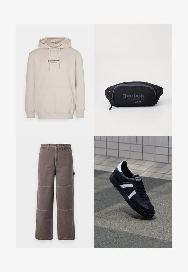 Jack & Jones JORVESTERBRO HOOD - Sweat à capuche - moonbeam; Pantalons larges de couleur marron délavée, fabriqués en tissu durable avec des coutures contrastées. Présente des détails en panneaux et une poche latérale.; Sneaker en cuir noir avec des rayures blanches, semelle en caoutchouc texturée et devant à lacets. Présente une étiquette de marque sur la languette.; Sacoche noire Reebok fabriqué en tissu durable. Dotée d'une fermeture éclair grise, d'un logo imprimé et d'une forme ovale avec une finition texturée.