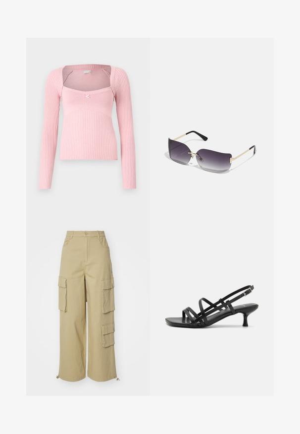 BDG Urban Outfitters Džemperis - pink; Beige kravas bikses ar platām kājām, divām lielām sānu kabatām, priekšējām kabatām un auklas detaļu apakšmalā. Kokvilnas auduma maisījums.; Melni papēžu sandales ar vairākiem krustveida siksnām. Gluda materiāla, norādīta purngala un šaura papēža. Regulējama potītes siksna ar sprādzīti.; Saulesbrilles ar pelēko gradienta lēcu, zelta metāla rāmi un melnām plastmasas detaļām. Unikāli tauriņa formas lēcas ar plānām kājām.; Zelta auskari ar gludu, spīdīgu apdari. Apaļš dizains, kas ietver mazu tapu un caurspīdīgu pamatni drošai valkāšanai.