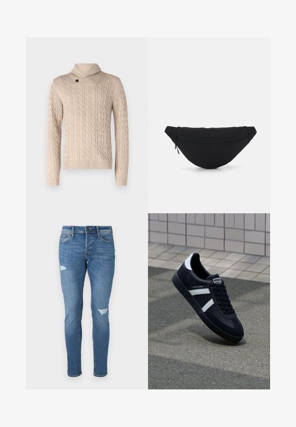 Beige kabelgebreide trui met een hoge kraag en een enkele knoopdetail. Gemaakt van textuurstof en heeft ribgebreide mouwen en zoom.; Vervaagde blauwe spijkerbroek met een slim fit, voorzien van versleten plekken op de knieën, een knoopsluiting en een ontwerp met vijf zakken.; Zwarte leren sneaker met witte strepen, een gestructureerde rubberen zool en vetersluiting aan de voorkant. Voorzien van een merklabel op de tong.; Zwarte stof heuptas met een afgeronde vorm, voorzak met rits en een gladde textuur. Geen zichtbare patronen of accenten. Lichtgewicht ontwerp.