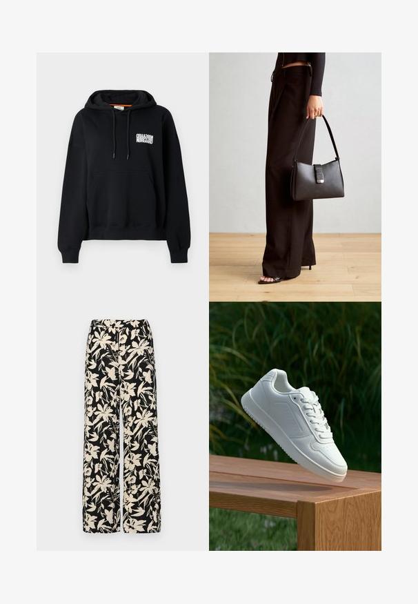 Sweat-shirt à capuche noir avec une poche avant, des cordons de serrage et un texte imprimé blanc. Tissu doux, poignets et ourlet côtelés. Coupe régulière.; Pantalon large noir avec un motif floral crème. Fabriqué en tissu léger, il présente une texture lisse et une taille haute.; Sneakers blanches avec une tige synthétique lisse, un avant perforé, des lacets plats et une semelle texturée, présentées sur une surface en bois.; Sac à main noir à la forme structurée, texture lisse et fermoir métallique. Associé à un pantalon noir ample et des sandales ouvertes sur un sol en bois.