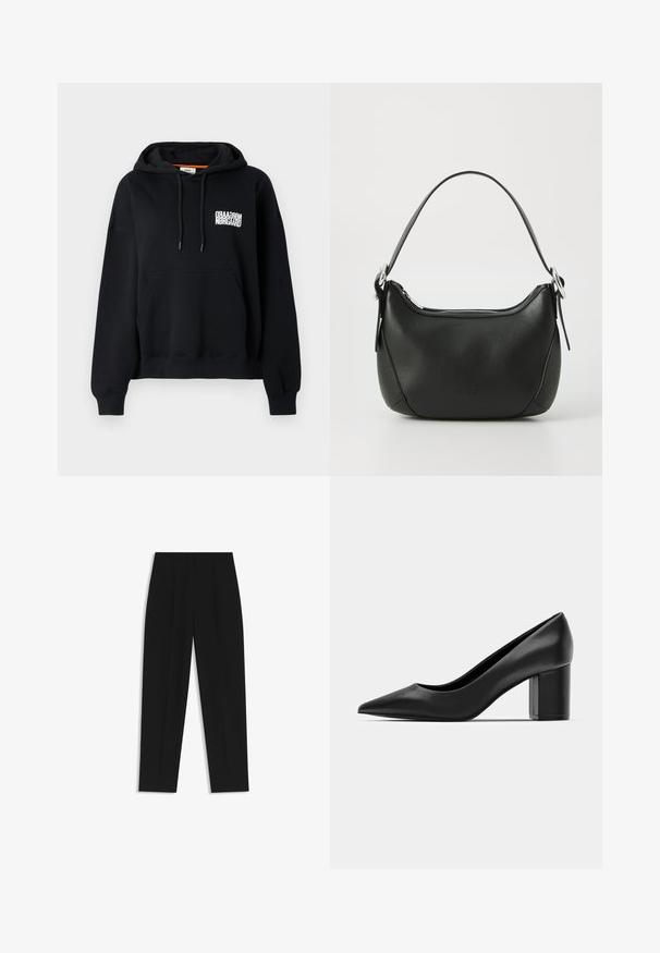 Schwarzer Kapuzenpullover mit einer Fronttasche, Kordelzügen und weißem Drucktext. Weicher Stoff, gerippte Bündchen und Saum. Normale Passform.; Schwarze Hose mit geradem Schnitt, doppelten Falten, einer glatten Textur und einem klassischen Bunddesign. Keine sichtbaren Beschläge oder Akzente.; Schwarze Lederpumps mit spitzem Zehenbereich und einem klobigen quadratischen Absatz. Glatte Textur, einfaches Design, geeignet für formelle Anlässe.; Schwarze Ledertasche mit geschwungener Form, silbernem Reißverschluss und kurzem Griff. Verfügt über ein dezentes Logo auf der Vorderseite und eine glatte Textur.