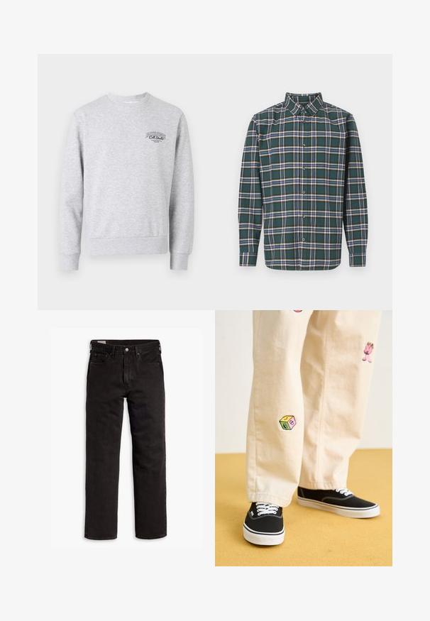 Gray sweatshirt with a crew neckline, ribbed cuffs and hem, featuring a small black logo on the chest. Made of soft, textured fabric.; Green flannel shirt with a plaid pattern featuring blue, white, and mustard yellow lines. Buttoned front and pointed collar. Long sleeves.; Black denim jeans with a straight leg cut, featuring a zipper fly, front pockets, and a classic five-pocket design. Soft, sturdy texture.; Beige cotton pants with playful embroidered designs including a pink character and colored block, paired with black lace-up sneakers.