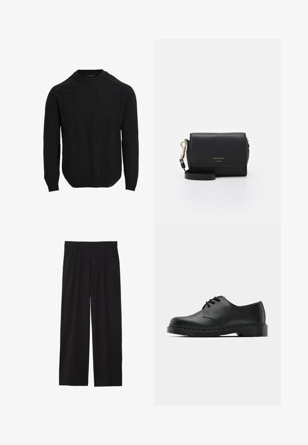 Schwarzer gestrickter Pullover mit einem runden Halsausschnitt, der vertikale Rippmuster sowie Rippbündchen und -saum aufweist. Hergestellt aus einem weichen, strukturierten Stoff.; Schwarze, weite Hose mit gefälteltem Vorderteil, seitlichen Taschen und einer glatten Stoffstruktur. Entworfen für eine entspannte Passform.; Schwarze Leder-Oxford-Schuhe mit Schnürdesign, runder Zehenform, flacher Gummisohle und subtilen Nähten entlang des oberen Teils.; Schwarze Leder-Crossbody-Tasche mit strukturierter Oberfläche, goldenen Beschlägen, einem Klappenverschluss und einem verstellbaren Schulterriemen. Mit einem Logo auf der Vorderseite.