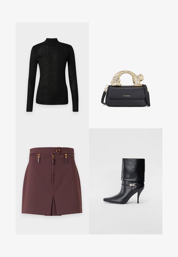 Svart turtleneck-genser med lange ermer, ribbestrikket tekstur, lett strikkemateriale og en figurnær silhuett. Ingen synlige logoer eller mønstre.; Burgunderfarget miniskjørt med slim passform, som har en glidelås foran, dekorative glidelåser, en splitt og knappelukking med gullfarget detaljer.; Sorte lærstøvlett med spiss tå, høy stiletthel, omslagskant og en dekorativ gullspenne rundt ankelen.; Svart lærveske med et gullfarget kattformet håndtak, med en frontklaff, justerbar stropp og logo detalj på den nedre fronten.