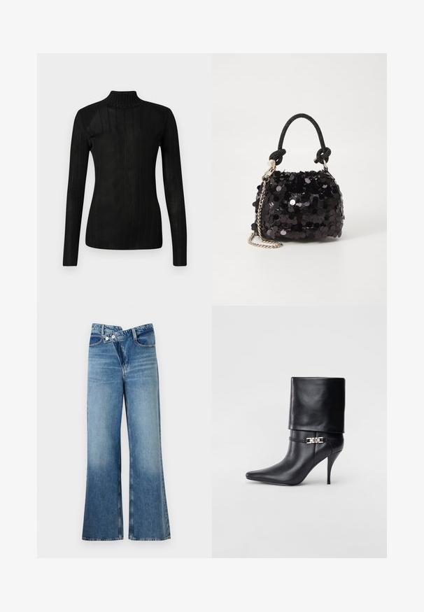 Musta poolapaita, jossa on pitkät hihat, ribbikuvio, kevyt neulottu materiaali ja tiukka siluetti. Ei näkyviä logoja tai kuvioita.; Vaaleansiniset farkut, joissa on leveät lahkeet ja korkea vyötärö. Farkuissa on kaksi nappia ja etutaskut. Kankaan pinta on kulunut ja siinä on hienovaraisia sävy-eroja.; Musta nahkasaapas nilkkapituudella, teräväkärkinen, korkea stiletto-korko, käännettävä varsi ja kultainen koristeellinen solki nilkassa.; Mustan paljetti-minilaukku, jossa on solmittu teksturoidu hihna ja hopeaketju. Pyöreä muoto, joissa on rypistetty yläosa ja heijastava yksityiskohta.