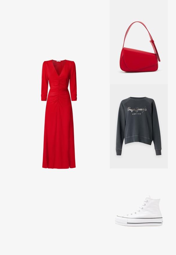 Sudadera de cuello redondo en gris oscuro con mangas largas, que presenta un logotipo bordado en plata "Pepe Jeans London" en el frente. Textura de tela suave.; Vestido rojo con escote en V, mangas tres cuartos y detalles fruncidos en la cintura y la espalda. La tela parece suave y ligera.; Zapatilla de lona alta blanca con suela de goma negra, puntera de goma frontal y seis ojetes para los cordones, que presenta un diseño limpio y minimalista.; Bolso de cuero rojo con un diseño angular y geométrico. Cuenta con una única correa ajustable y un cierre de solapa con detalles de costura.
