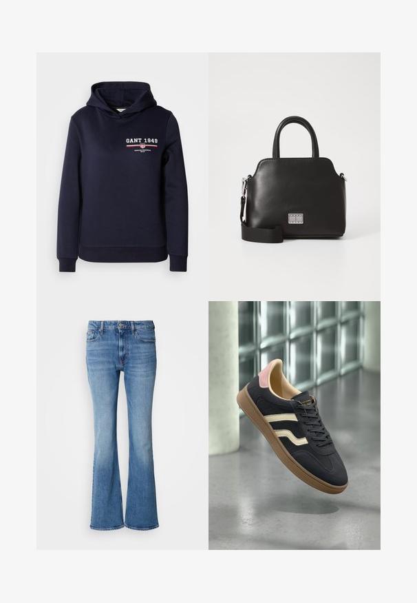 Sudadera con capucha en azul marino fabricada con un tejido suave que presenta el texto blanco "GANT 1949" y un detalle gráfico a rayas en rojo y blanco.; Jeans de mezclilla azul claro acampanados con cintura alta, cinco bolsillos, cierre de botón metálico y textura desgastada, con un ajuste clásico en la cadera.; Zapatillas de cuero azul marino con rayas crema, detalles en rosa en el talón y una suela de goma texturada en color marrón claro. Diseño clásico de perfil bajo.; Bolso de mano sintético negro con asas superiores, correa de hombro desmontable, forma redondeada, textura lisa y acento de logo plateado en la parte frontal.