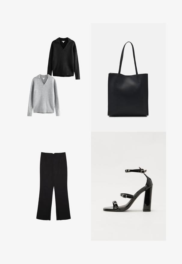 Črne in sivoe v-izrez puloverji z ovratnikom, izdelani iz mehkega pletenega materiala, z rebrastimi manšetami in obrobami, sproščen kroj in minimalni detajli.; Črne hlače ravnega kroja z naglavnimi žepi in stranskimi razporki na robu. Narejene iz mehke, gladke tkanine. Primerne za različne priložnosti.; Črne lakirane sandale s peto, kvadratnim prstom, trakovi okrog gležnja in srebrnimi zaponkami. Opremljene so s stabilno Debelo peto.; Črna usnjena torba s svilnato teksturo, pravokotne oblike in dvema dolgima ročajema. Brez vidnih metalnih delov ali okrasnih elementov.