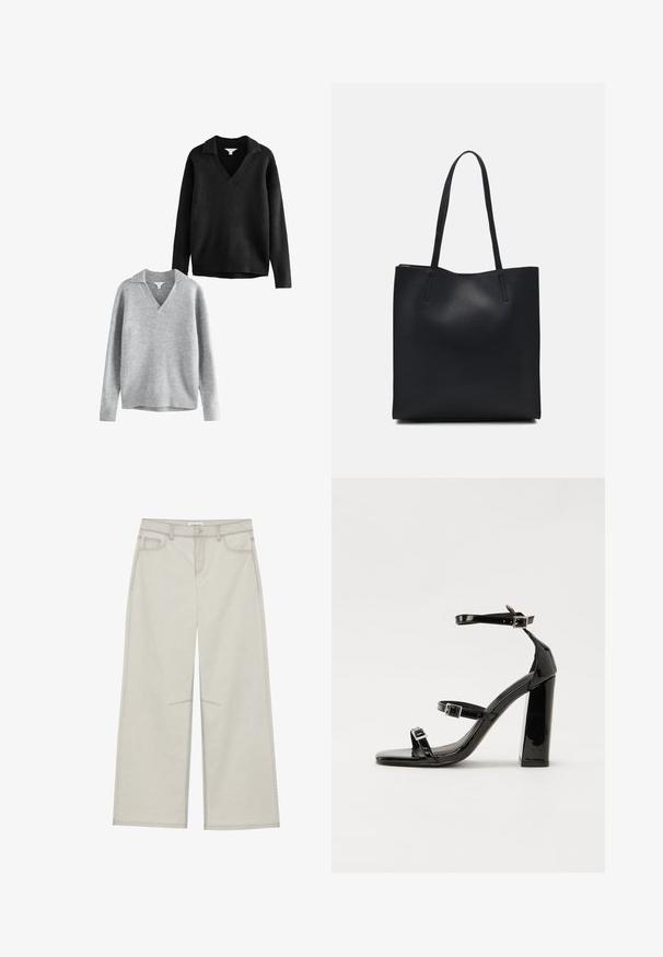 Zwarte en grijze v-hals truien met een kraag, gemaakt van zachte gebreide stof, met geribde boorden en zoom, een relaxte pasvorm en minimale afwerking.; Lichtgrijze wijde broek met vijf zakken, sluiting met een knoop aan de voorkant en contrasterende stiksels langs de naden. De stof lijkt zacht en duurzaam te zijn.; Zwarte gepatenteerde sandalen met hak en een vierkante neus, enkelbandjes en zilveren gespen. Heeft een stevige blokhak voor stabiliteit.; Zwarte leren handtas met een gladde textuur, rechthoekige vorm en twee lange handvaten. Geen zichtbare hardware of versieringen.