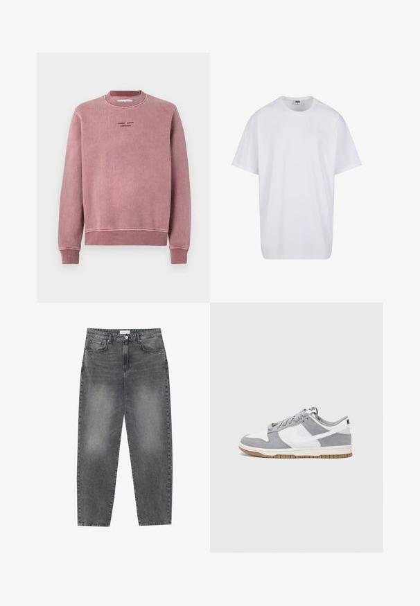 Sweat-shirt rose pâle en tissu texturé, avec des poignets et un col côtelés, et des détails de logo brodés en noir sur le devant.; T-shirt en coton blanc avec des manches courtes, un col rond, une coupe décontractée et sans logos ni motifs visibles. Texture lisse et design minimaliste.; Jean taille haute, décontracté en denim noir délavé. Comprend cinq poches, des passants de ceinture et un design de jambe droite épurée.; Baskets grises et blanches avec un dessus en suède et cuir, bout rond, lacets plats et semelle en caoutchouc avec une touche de gomme.