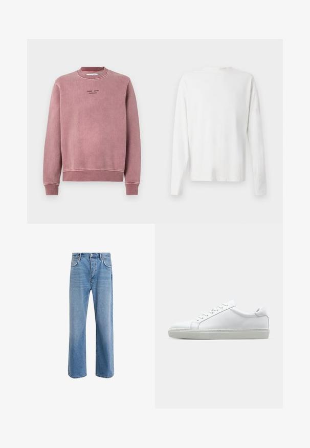Rosa pink genser med teksturert stoff, ribbestrikkede mansjetter og halslinning, samt broderte logodetaljer i svart på fronten.; Langermet hvit bomullsskjorte med rund hals, sidespalter nederst og en jevn tekstur, vist fra baksiden.; Lys blå denimjeans med rett ben-design, fem lommer, knappeåpning, minimal falming og kontrasterende sømdetaljer.; Hvit sneakers med en glatt skinnoverdel og lav profil. Har en rund tå, seks snøring hull, og en teksturert gummisåle.