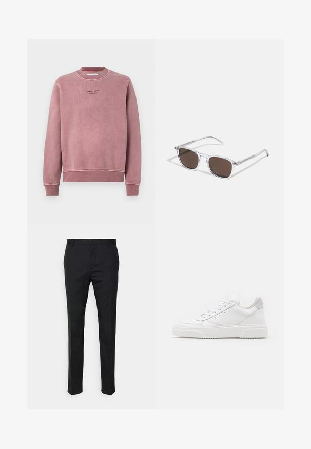 Ružičasti dukserica od teksturiranog materijala, s rebrastim manžetama i dekolteom, te izvezenim logom u crnoj boji na prednjoj strani.; Crne krojene hlače s ravnim krojem, izrađene od glatkog materijala. Imaju petlje za remen i naboran detalj duž prednje strane.; Bijele kožne tenisice s glatkom površinom, okruglim vrhom, ravnim vezicama i strukturiranom potplatom. Sivi antilop naglasak na peti.; Prozirne sunčane naočale s pravokutnim smeškim lećama, koje imaju tanke, prozirne drške i metalne akcentne detalje na sljepoočnicama.