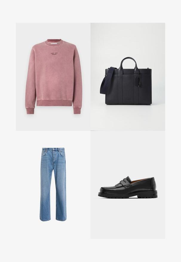 Sweat-shirt rose pâle en tissu texturé, avec des poignets et un col côtelés, et des détails de logo brodés en noir sur le devant.; Jeans en denim bleu clair avec une coupe droite, cinq poches, fermeture à bouton, peu d'usure et des détails de couture contrastés.; Des mocassins en cuir noir présentent une couture surélevée, deux sangles décoratives sur le dessus et une semelle épaisse et texturée pour une meilleure adhérence.; Malette en cuir bleu marine foncé avec deux poignées supérieures et une sangle détachable. Présente une finition texturée, des coutures verticales et un détail de logo.