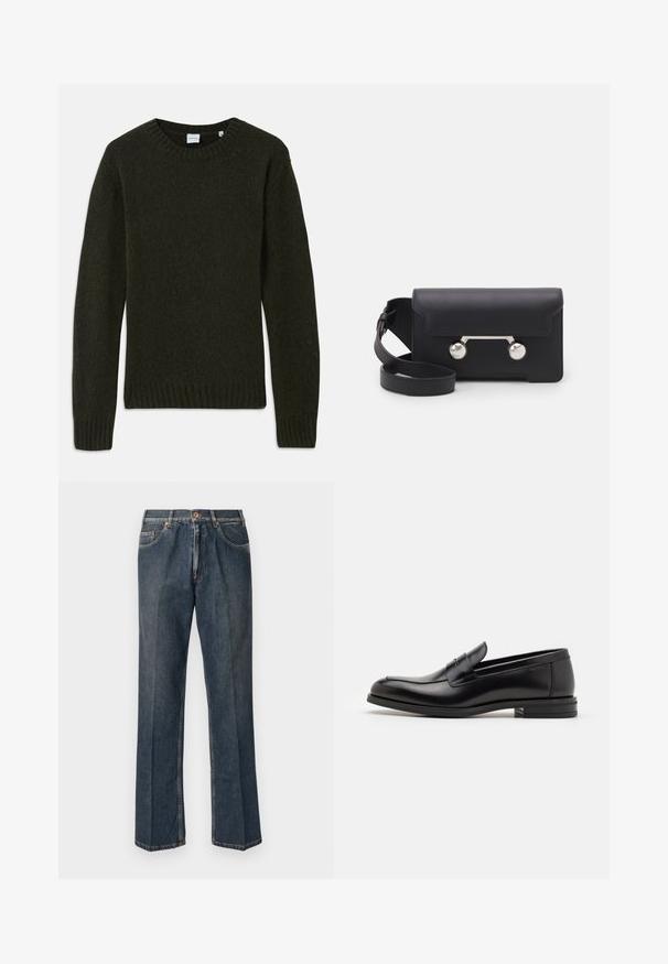 Suéter tricotado verde-escuro com gola redonda, punhos e bainha canelados. Textura suave, mangas longas e design simples sem padrões.; T-shirt de manga curta azul marinho com o texto branco "neanche per sogno" centralizado no peito, gola redonda, tamanho médio.; Jeans de ganga de perna reta azul escuro com botão à frente, fecho de correr, dois bolsos frontais e vinco vertical visível ao longo das pernas.; Mocassins de couro preto com uma textura suave, bico arredondado e uma faixa decorativa sobre o peito do pé. Salto baixo e empilhado, design minimalista.; Saco transversal em pele preta com fecho de aba, ferragens em tom prateado e dois acentos redondos. Apresenta uma alça destacável. Textura suave.