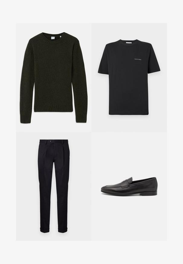 Dark green knitted sweater with a round neckline, ribbed cuffs, and hem. Soft texture, long sleeves, and simple design without patterns.; Black cotton T-shirt with a crew neckline, short sleeves, and a small white "TIGER OF SWEDEN" logo on the chest. Classic fit.; Tailored black trousers made of smooth fabric, featuring a flat front, two front pleats, and cuffed hems for a clean, structured look.; Black leather men's loafer with a low heel and a classic penny strap design, shown in side profile on a white background.