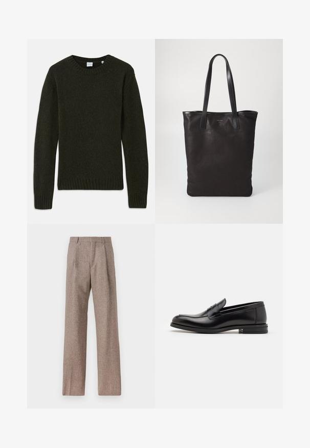 Dunkelgrüner Strickpullover mit rundem Halsausschnitt, gerippten Bündchen und Saum. Weiche Textur, lange Ärmel und einfaches Design ohne Muster.; Braune, hochtaillierte Hose aus strukturiertem Stoff. Mit weitem Bein und zwei vorderen Bügelfalten für zusätzliche Form. Saubere Verarbeitung ohne sichtbare Hardware.; Schwarze Lederloafers mit glatter Textur, rundem Zehenbereich und einem dekorativen Riemen über dem Vorderfuß. Niedriger, gestapelter Absatz, minimalistisches Design.; Schwarze Stofftote mit schwarzen Ledergriffen. Einfaches Design, geräumiger Körper und glatte Textur. Keine sichtbaren Logos oder Muster.
