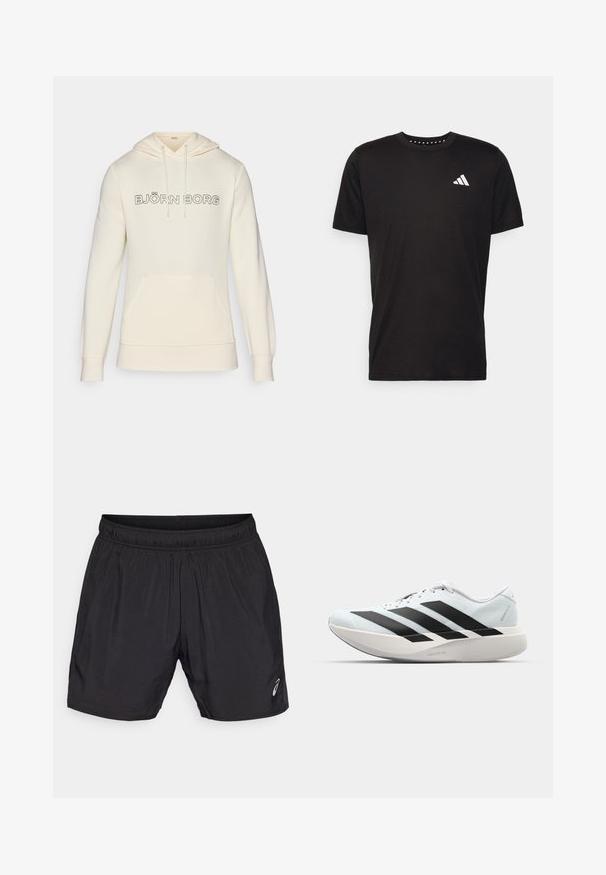 Sudadera color crema con capucha ajustable, bolsillo frontal tipo pouch y logo "BJÖRN BORG" en negro en el pecho. Textura de tela suave.; Camiseta de algodón negra con mangas cortas, cuello redondo y un logo blanco en el lado izquierdo del pecho. Textura suave y diseño sencillo.; Pantalones cortos deportivos negros hechos de material ligero, con una cinturilla elástica y un pequeño logotipo en el lado inferior izquierdo.; Zapatillas de running ligeras en azul pálido con rayas negras. Presentan una parte superior suave, puntera redonda y una gruesa mediasuela blanca etiquetada como "LIGHTSTRIKE PRO".
