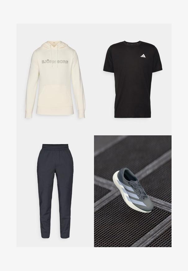 Cream-colored hoodie with a drawstring hood, front pouch pocket, and "BJÖRN BORG" logo in black across the chest. Soft fabric texture.; Black cotton t-shirt with short sleeves, crew neckline, and a white logo on the left chest. Smooth texture and simple design.; Navy tapered pants made of soft fabric, featuring an elastic waistband, side pockets, and a smooth texture with subtle stitching details.; Sport shoe in gray and white, made of synthetic material, with a streamlined design, textured finish, and prominent lacing system.