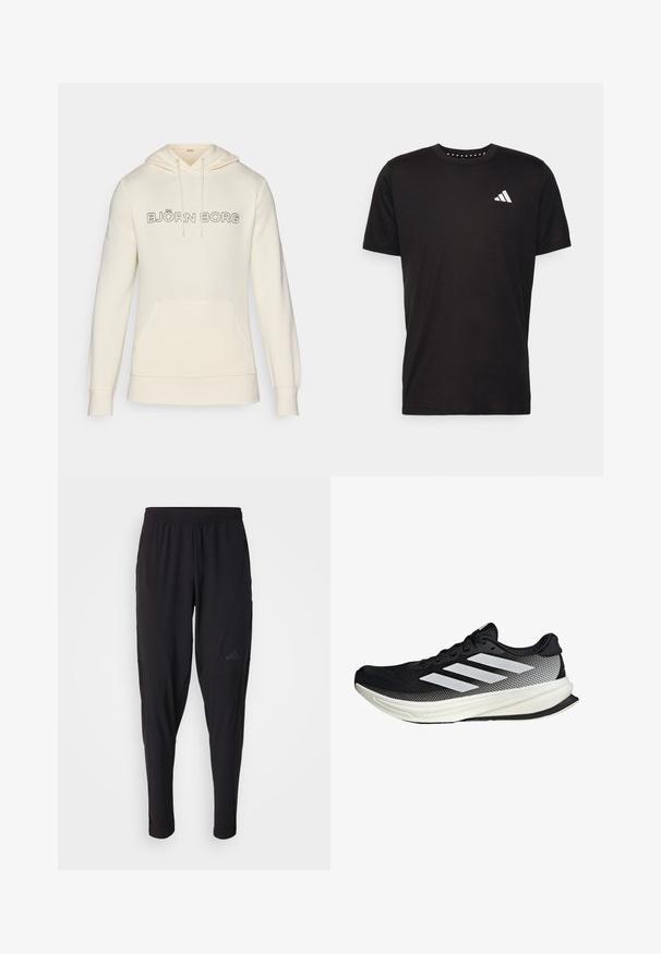 Cream-colored hoodie with a drawstring hood, front pouch pocket, and "BJÖRN BORG" logo in black across the chest. Soft fabric texture.; Black cotton t-shirt with short sleeves, crew neckline, and a white logo on the left chest. Smooth texture and simple design.; Black athletic pants with an elastic waistband, tapered design, side pockets, and subtle logo detail. Made from flexible, breathable fabric.; Black athletic shoe with a mesh design, featuring white stripes, a rounded toe, and a textured sole for grip and support.