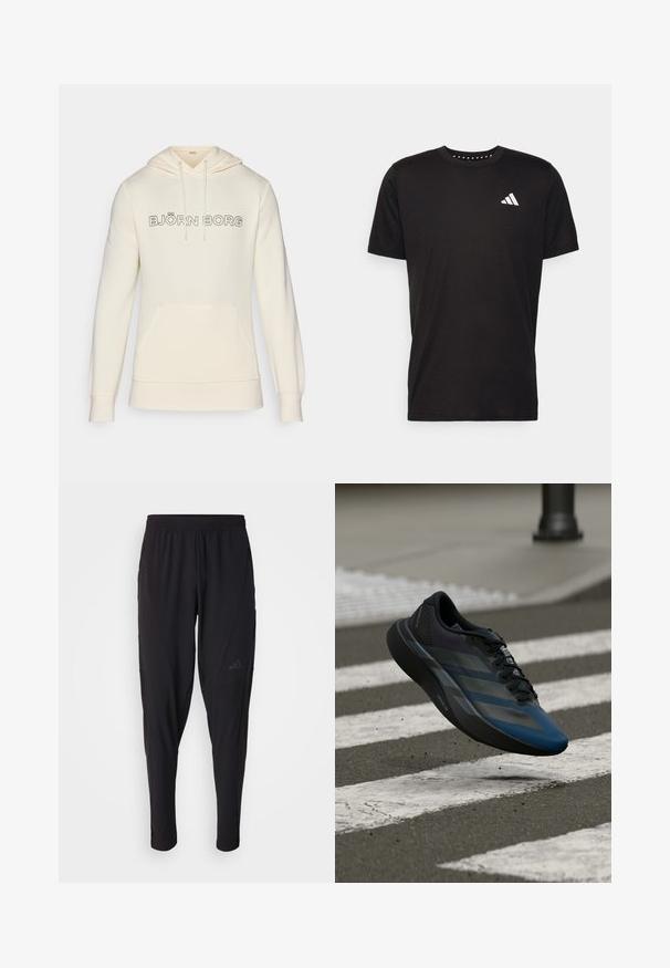 Krémová mikina s kapucí na šňůrku, přední skládací kapsou a černým logem "BJÖRN BORG" přes hruď. Měkká textilie.; Černé bavlněné tričko s krátkým rukávem, kulatým výstřihem a bílým logem na levé hrudi. Hladká textura a jednoduchý design.; Černé sportovní kalhoty s elastickým páskem, zúženým střihem, bočními kapsami a nenápadným logem. Vyrobeno z pružné, prodyšné látky.; Černá a modrá sportovní obuv s aerodynamickým designem, s texturovaným svrškem, kontrastními pruhy a polstrovanou podešví, visící nad chodníkem.