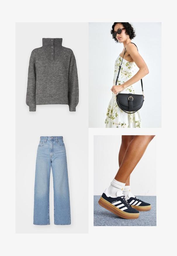 JDY INGEBORG LIFE - Džemperis - dark grey; Šviesiai mėlynos aukšto liemens plačios kojos džinsai su priekiniais užtrauktukais ir sagom, priekinėmis ir galinėmis kišenėmis, ant baltos fono.; Juodi zomšiniai sportbačiai su baltais dryžiais ir akcentais, apvalios nosies, guminio, gumos pado, derinami su baltais raitytais vidutinio ilgio kojinaitėmis.; Juodas odinis krepšys su išlenkta forma, nuimamu dirželiu ir auksiniais detalėmis. Krepšys turi kilpą su sagtimi.