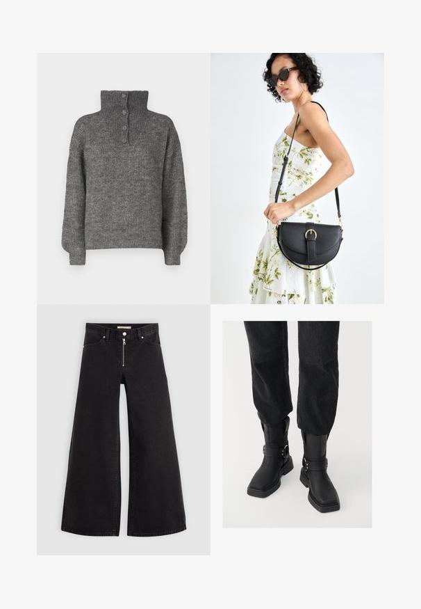 JDY INGEBORG LIFE - Džemperis - dark grey; Platas kājas džinsi melnā džinsa audumā ar rāvējslēdzēju priekšā, piecu kabatu dizains un smalkas šuvju detaļas. Gluda tekstūra un ikdienišķs stils.; Melnas ādas potīšu zābaki ar kvadrātveida purngalu, ar plašu jostu un metāla sprādzi. Zābakiem ir masīva zole un gluda virsma.; Melnas ādas rokassoma ar izliekta formu, noņemamu siksnu un zelta aksesuāriem. Somai ir vāciņš ar sprādzes detaļu.