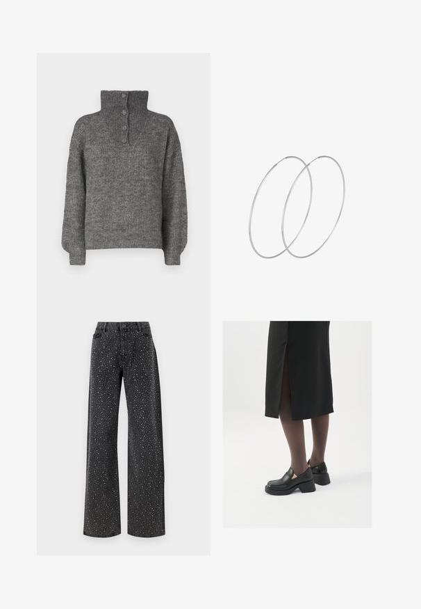 JDY INGEBORG LIFE - Neule - dark grey; Noisy May NMJANNEL LOOSE - Relaxed fit -farkut - black denim; Mustat nahkakengät pyöreällä kärjellä, paksulla lohkopohjalla ja joustavilla sivuakkesseilla, yhdistettynä tummiin sukkahousuihin ja mustaan hameeseen, jossa on halkio.; Hopehope hopeilla, joissa on minimalistinen muotoilu. Pyöreä muoto, sileä pinta ja ohut profiili. Kevyet ja kiillotetut.