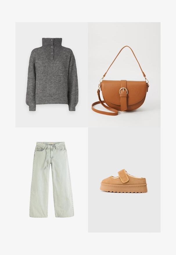 JDY INGEBORG LIFE - Trui - dark grey; Levi's® Relaxed fit jeans - capers-0040; Bruine suedine instapschoen met een klittenbandsluiting, ronde neus en dikke plateauzool met een gestructureerde rubberen loopvlak.; Bruine leren schoudertas met een gebogen vorm, gouden hardware en een gespaccent. Bevat een afneembare schouderriem.