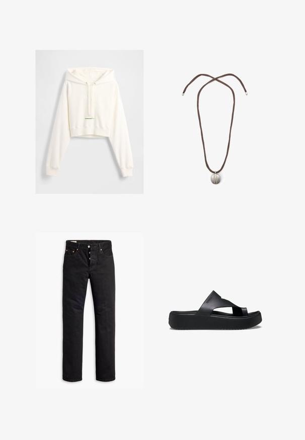 Jasny kremowy, skrócony hoodie z miękkiego materiału, z kapturem na sznurku, raglanowymi rękawami, wypukłym logo "GAP" oraz prążkowanymi mankietami.; Czarne dżinsy o prostym kroju, pięciopocketowym designie i zapięciu na guziki. Zawierają mosiężne nity i akcenty w haftach.; Czarne klapki na platformie z teksturowaną gumową podeszwą, z krzyżowym designem pasków i matowym wykończeniem. Logo marki subtelnie umieszczone z boku.; Naszyjnik z brązowym sznurkiem i srebrnym owalnym zawieszeniem. Zawieszenie ma gładką powierzchnię i lekkie wcięcie na środku.