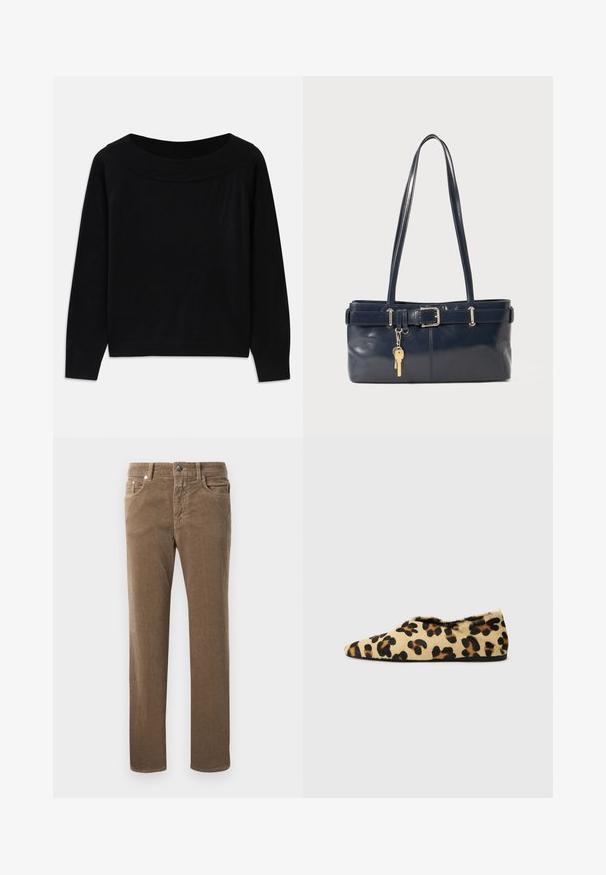 Črna pulover s širokim, zaobljenim izrezom, dolgimi rokavi in gladko, mehkobo teksturo. Ima minimalistični dizajn brez vidnih vzorčkov.; Majica s dolgimi rokavi z modro-belim vodoravnim črtanjem, okroglim ovratnikom in oznako "CLOSED" na ovratniku, položena na belo ozadje.; Rjave kordurojske hlače ravne nogavice s sprednjimi žepi, zanko za pas in gumbom za zapiranje na belem ozadju.; Stanovanji leopardjega od tkanine iz mehkega krzna, z obliko konic in nizkim profilom. Naravne barve z črnimi akcenti.; Mornarska usnjena torbica z dvema dolgima ročajema, dodatkom z zaponko in pritrjeno ključavnico. Ima gladko teksturo in pravokotno obliko.