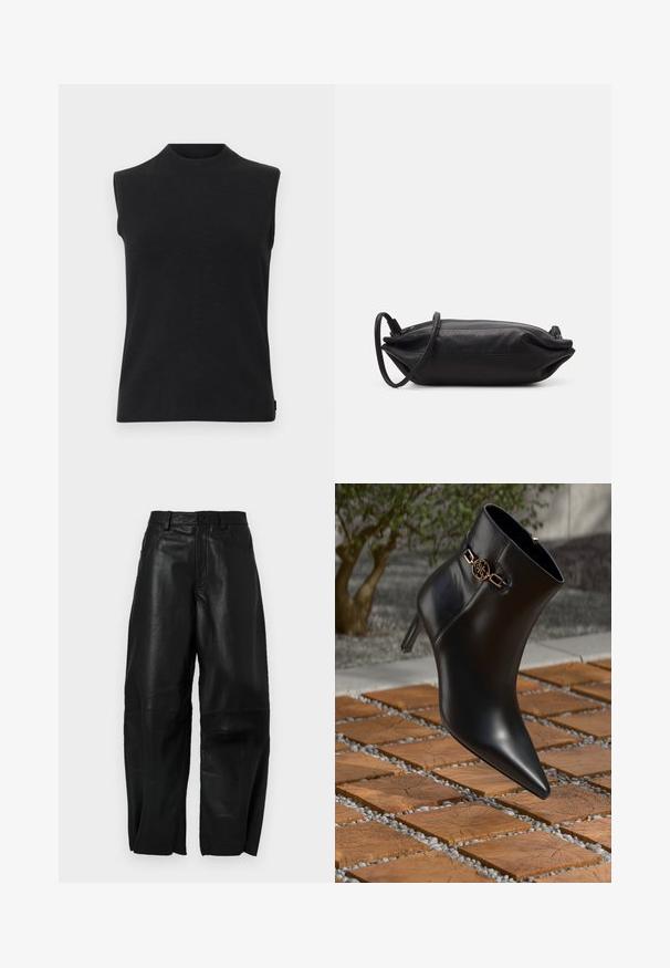 Crna bezrukavna pletena majica s visokim okruglim izrezom i ravnim rubom na bijeloj pozadini.; Crna bluzica s dugim prozirnim rukavima, s prednjim naborima i slojevitim cvjetnim akcentom na lijevom ramenu. Zatvaranje na dugme oko vrata.; Crne kožne hlače s labavim krojem, s ravnim dizajnom nogavica, prednjim džepovima i vidljivim šavnim detaljima.; Crne kožne gležnjače s uskim vrhom i malom potpeticom. Sadrže zlatnu lančanu dekoraciju oko gležnja. Okružene su teksturiranom kamenitom površinom.; Crna kožna torbica za večernje izlaske pravokutnog oblika, glatke teksture, s tankim remenom za rameno i minimalističkim dizajnom.
