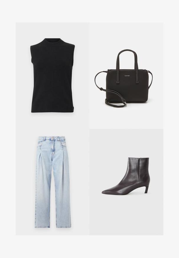 Schwarzes ärmelloses Stricktop mit hohem, rundem Kragen und geradem Saum vor einem weißen Hintergrund.; Helle blaue Denim-Jeans mit hoher Taille, weitem Beinschnitt, zwei seitlichen Taschen und gefaltetem Design. Weiche Textur mit einem ausgebleichten Finish.; Schwarze Leder-Ankle-Boots mit spitzem Zehenbereich und niedrigem Kitten-Absatz, glatte Oberfläche, seitlicher Reißverschluss, vor einem neutralen Hintergrund präsentiert.; Schwarze Handtasche mit zwei kurzen, doppelt geflochtenen Griffen und einem abnehmbaren Schulterriemen. Glattes, lederähnliches Material mit einem Reißverschluss und Logodetail.