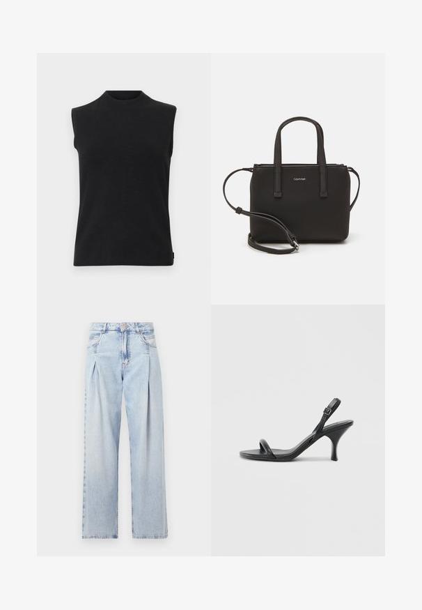 Černý bezrukávový pletený top s vysokým kulatým výstřihem a rovním lemem na bílém pozadí.; Světlé modré džíny z denimu s vysokým pasem, širokým střihem, dvěma bočními kapsami a nařaseným designem. Měkká textura s vybledlým povrchem.; Černé kožené sandály na vysokém podpatku s úzkým, zakřiveným podpatkem a designem s překříženými popruhy. Nastavitelný pásek kolem kotníku. Hladký povrch.; Černá kabelka s dvojitými krátkými uchy a odnímatelným ramenním popruhem. Hladký koženkový materiál s uzávěrem na zip a detailem loga.