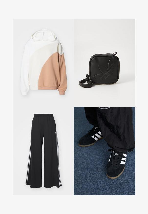 Hooded sweatshirt featuring cream, white, and beige color-block design, long sleeves, and a comfortable fit. Made of soft cotton fabric.; Black wide-leg sweatpants with an elastic waistband, featuring white side stripes and an embroidered logo on the left thigh.; Black suede athletic shoes with three white stripes and black laces. A textured black pant is partially visible beside the shoes.; Black square crossbody bag made of textured synthetic material. Features an embossed logo design and adjustable strap. Zipper closure.