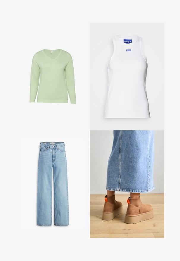 Helles grünes Strickpullover mit V-Ausschnitt, langen Ärmeln und gerippten Bündchen und Saum. Die Textur ist leicht strukturiert und weich.; Weißes ärmelloses Tanktop aus geripptem Stoff, mit einem runden Ausschnitt und einem blauen "HUGO"-Label in der Nähe des Kragens. Glatte Textur.; Hochgeschnittene, hellblaue Schlagjeans mit Frontknopf und Reißverschluss, Gürtelschlaufen und fünf Taschen.; Braune Wildleder-Plateau-Stiefel mit elastischen Seitenpaneelen und orangen Zuglaschen, kombiniert mit einem knielangen hellen Jeansrock auf einem Holzboden.